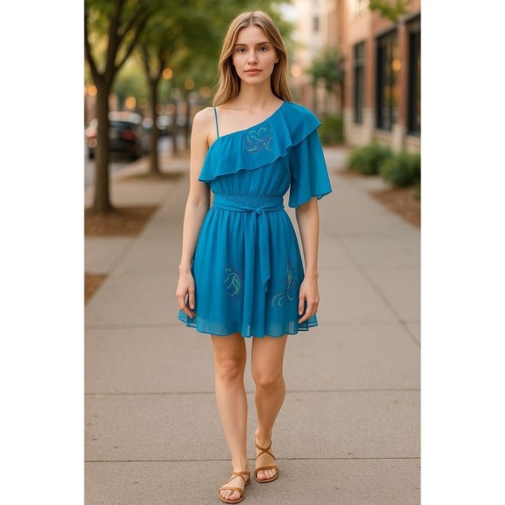 Fashion Spy Teal Blue One Shoulder Peacock Embroidery Chiffon Mini Dress Large‎
